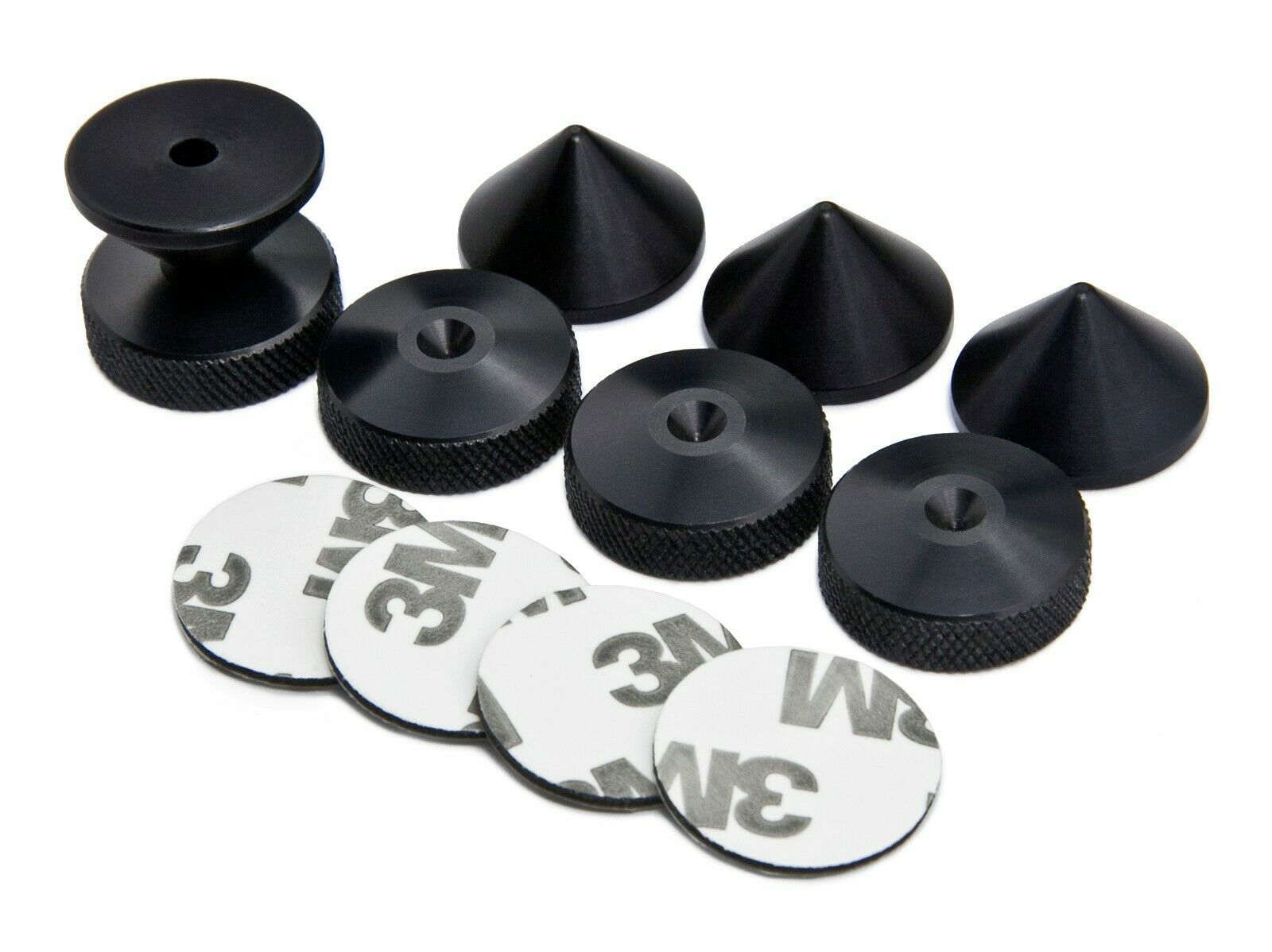 Black Aluminium - 4 x Speaker Cones + 4 x Spikes Pads Knurled + adhesive pads